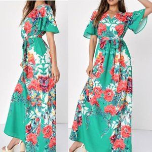 Lulu's Women's Green Floral Print Maxi Dress